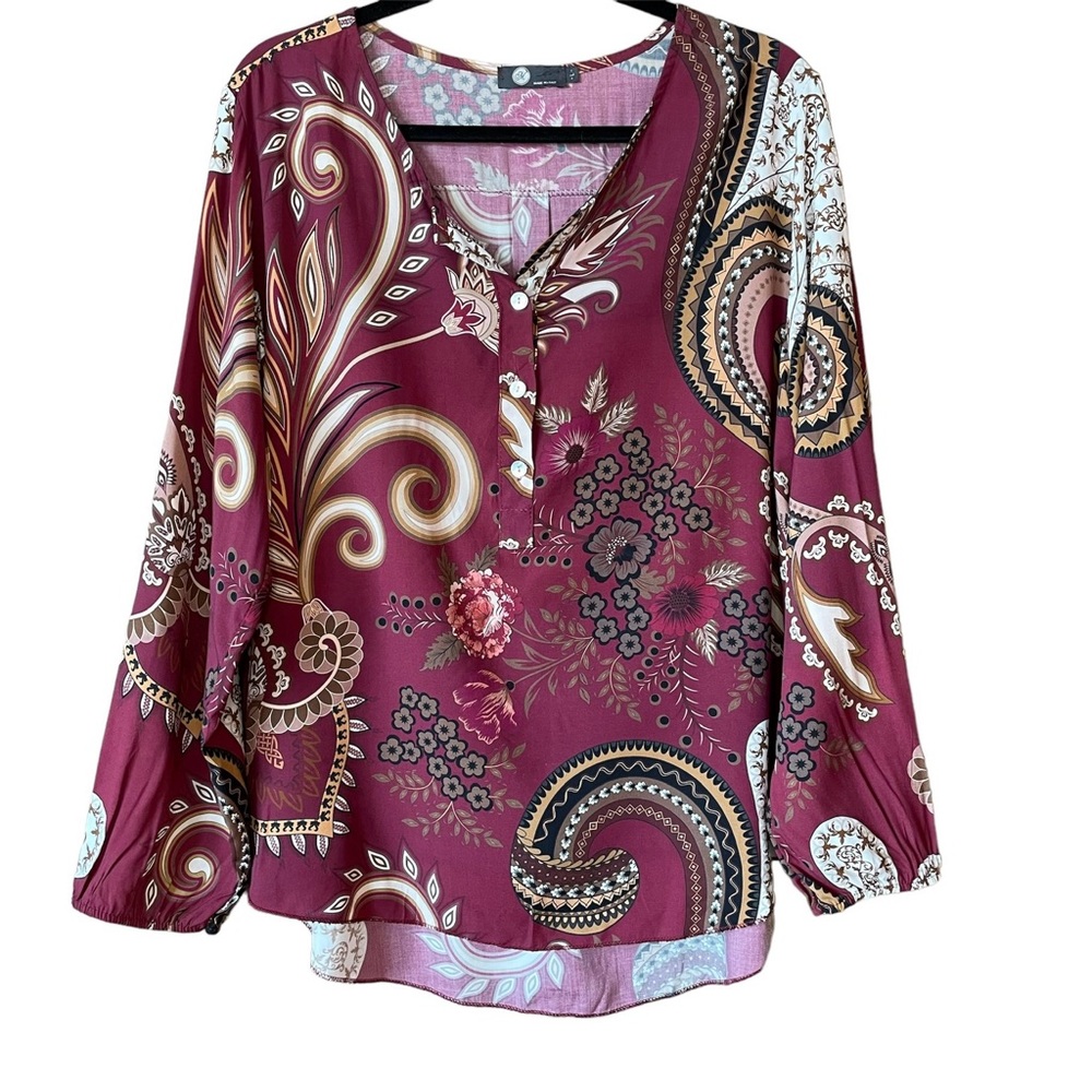 M Made in Italy Paisley Top Long Sleeve Half Button Closure Viscose Size Large
